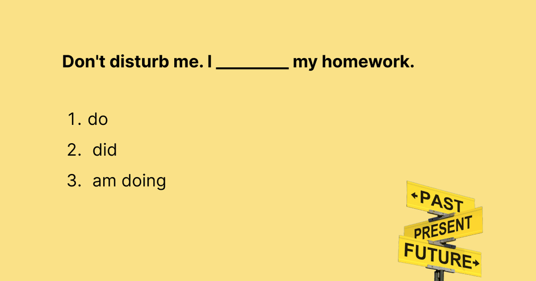 Don't disturb me. I _________ my homework. (do / did / am doing)